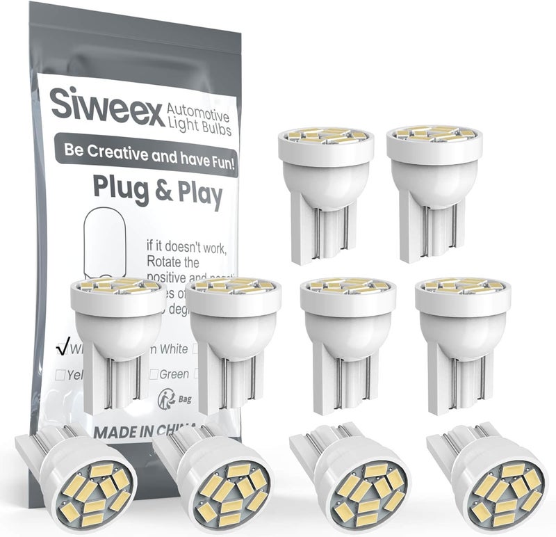 Siweex 194 LED Bulbs 2825 168 W5W T10 9SMD White 6000K Lights Replacement Bulb for Car Interior Dome Map Door Dashboard License Plate Lights, Pack of 10 - Image 1